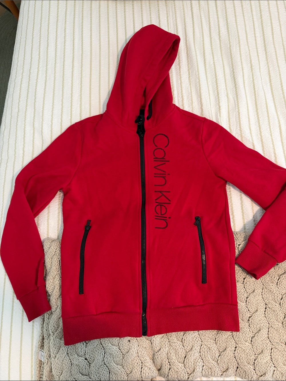 Calvin Klein Kids Bright Red Zip Hoodie with Vertical Logo